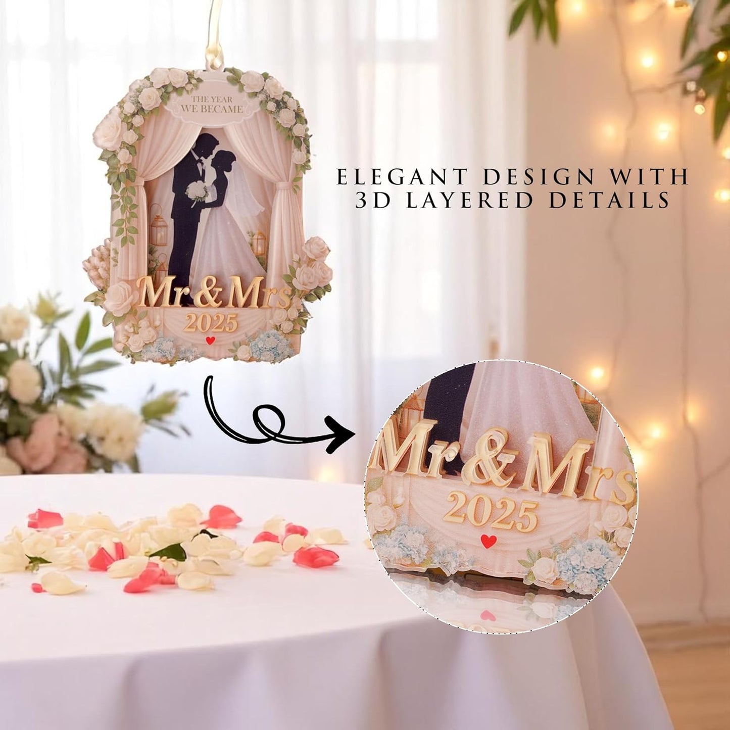 Wedding Gifts for Couples 2025, 3D Acrylic Double Layers Just Married Ornament 2025, Mr and Mrs Ornaments, Car Hanging Ornament, Bride Gift, Gift for Newlyweds (Wedding Ornament White)