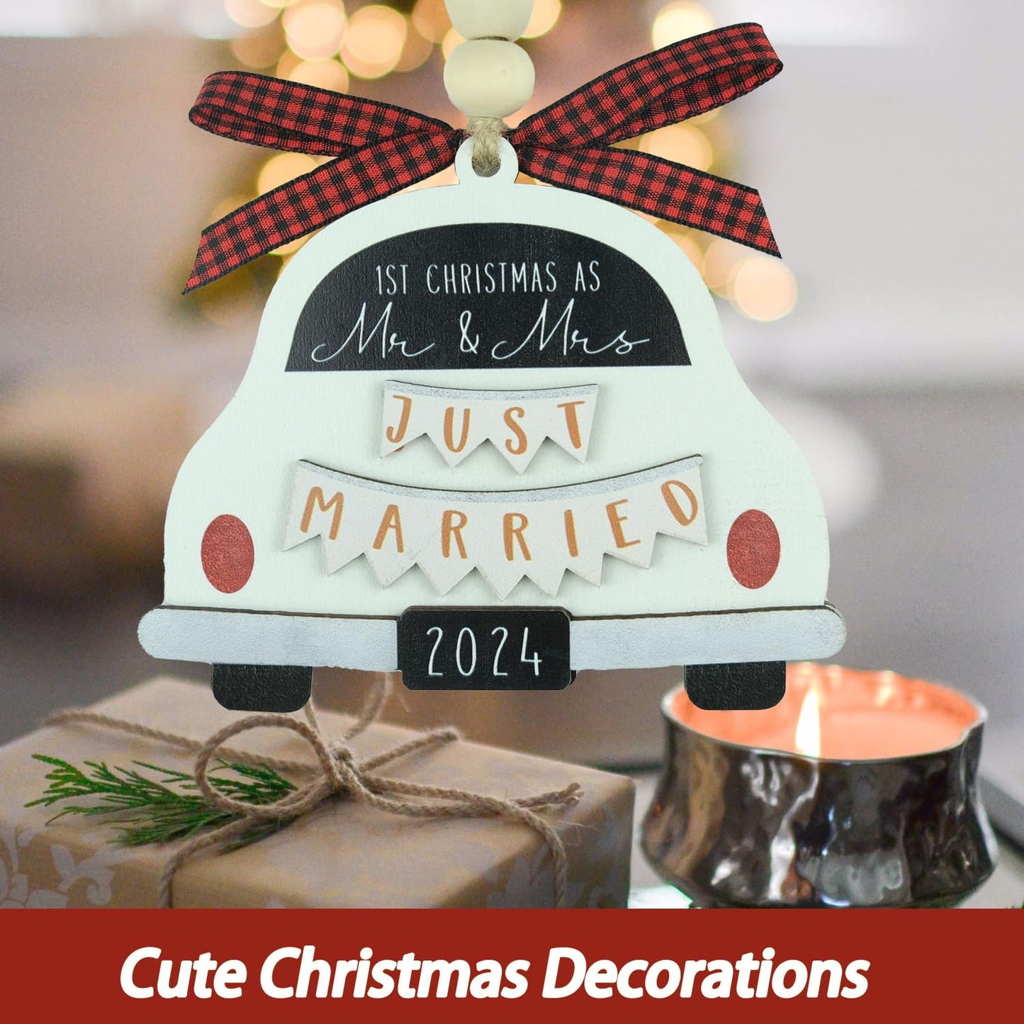 Mr & Mrs Just Married Ornament - First Christmas Married, Bridal Shower Gift, Wooden Bride & Groom Car Ornament - White