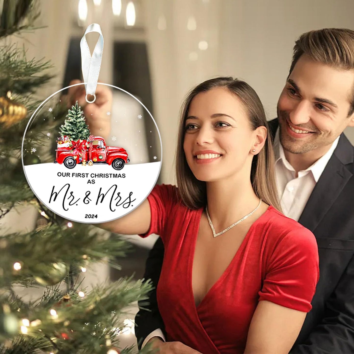 Our First Christmas Married Ornament 2024, First Christmas As Mr and Mrs 2024, Just Married Ornament 2024, First Year Newlywed 2.9" Ceramic Round Ornament (Type B)