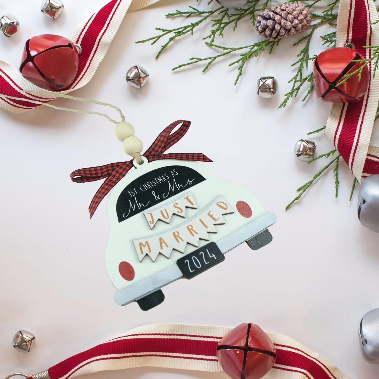 Mr & Mrs Just Married Ornament - First Christmas Married, Bridal Shower Gift, Wooden Bride & Groom Car Ornament - White