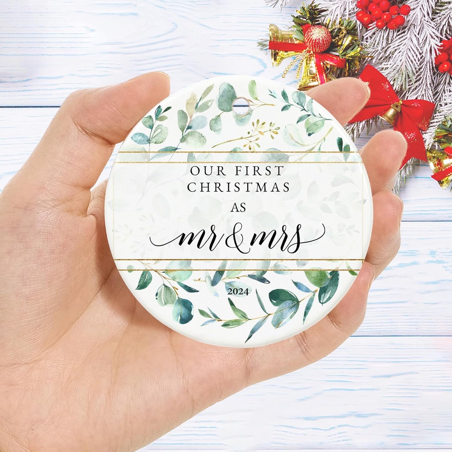 First Christmas Married Ornament 2024, Our First Christmas as Mr and Mrs Gifts, Just Married Gifts, 2.9" Ceramic Newlyweds Christmas Ornament 2024