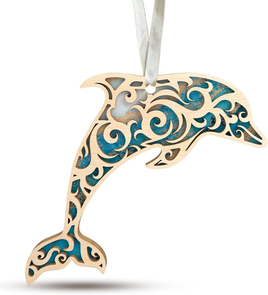 Dolphin Ornaments for Christmas Tree - Dolphin Gifts for Women, Men - Beach Coastal Keepsake - Wood Christmas Hanging Ornament