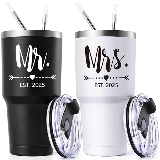 Gtmileo Mr and Mrs Gifts, Mr and Mrs EST 2025 Stainless Steel Insulated Tumbler Set, Wedding Gifts for Couples Bride To Be, Mr and Mrs Cups, Bridal Shower Gifts Wedding Registry(30oz, Black&White)
