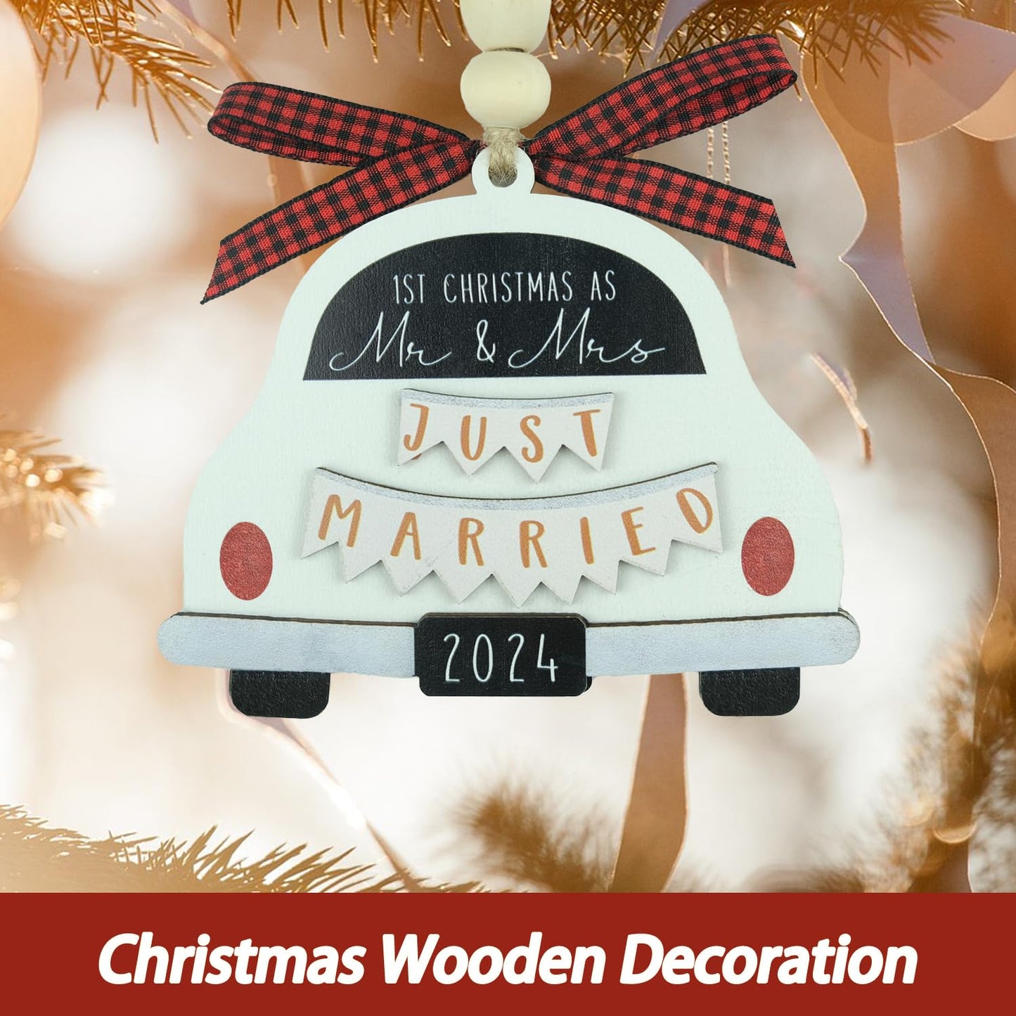 Mr & Mrs Just Married Ornament - First Christmas Married, Bridal Shower Gift, Wooden Bride & Groom Car Ornament - White