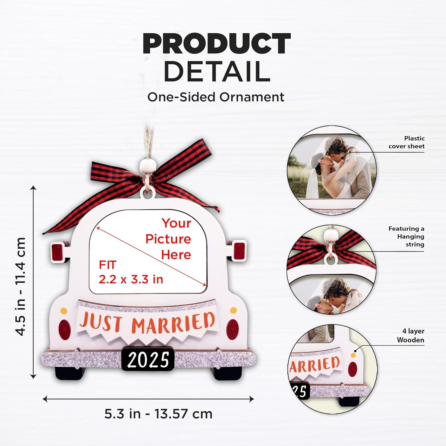 Just Married Ornament 2025 Picture Frame, Large Size With Plastic Cover - Wedding Christmas Ornament 2025 - Mr And Mrs Wedding Gifts For Newlywed Couple - Wedding Shower Gifts, Bridal Shower Gift