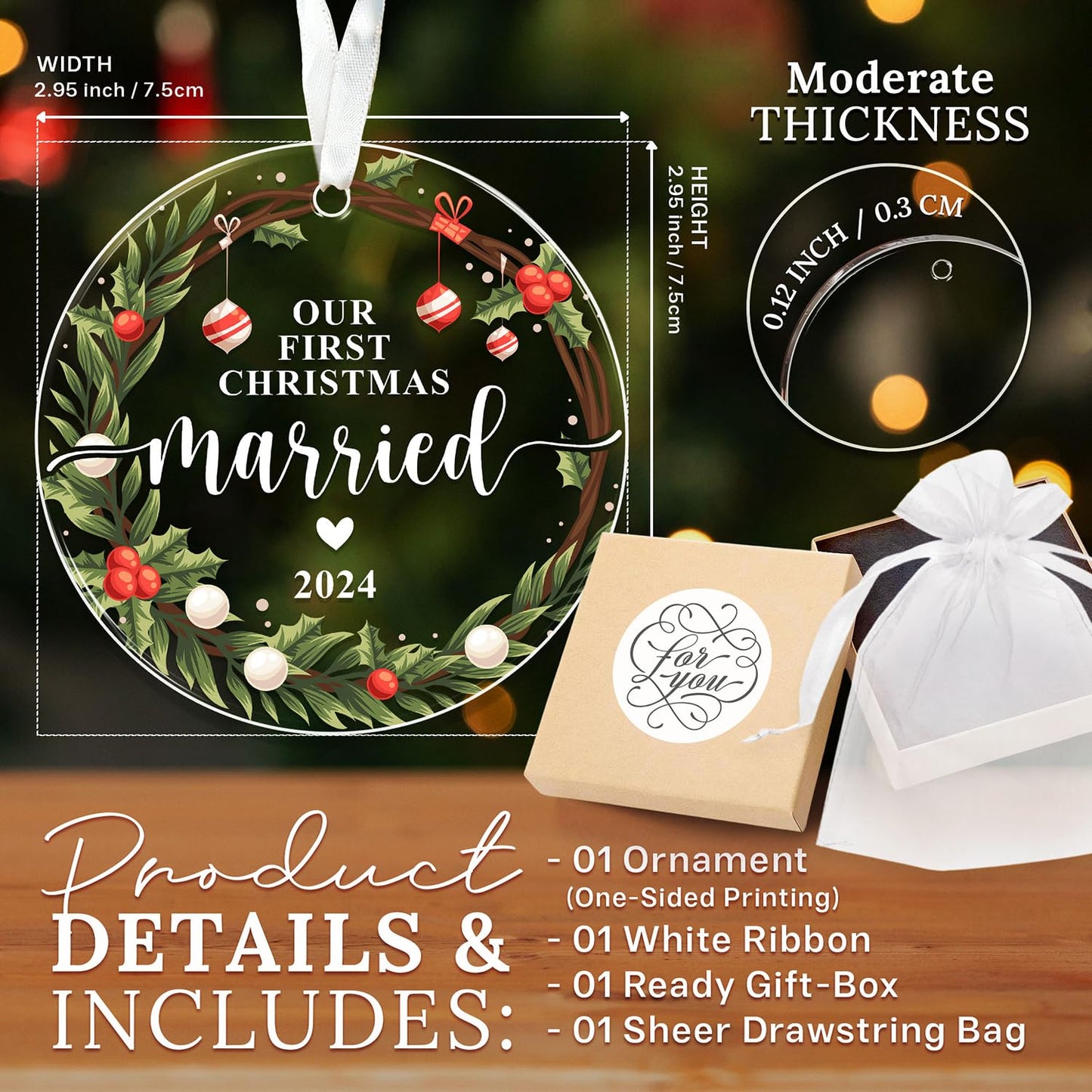 HEXMOZ First Christmas Married Ornament 2024 - Just Married, Mr & Mrs Gifts for Newlyweds - Bridal Shower Wedding Gifts for Bride - Acrylic Wedding Ornament 2024