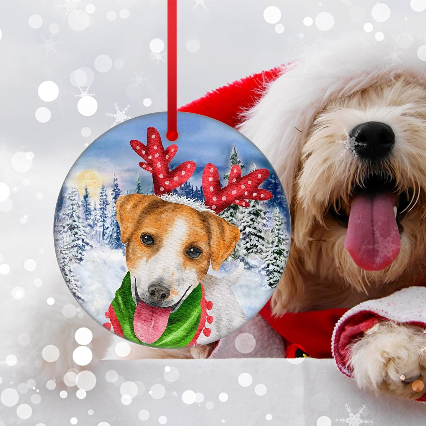 Christmas Ornament 2023 Dog Christmas Hanging Ornament Jack Russell Terrier Ornament Puppy Xmas Ceramic Ornament Snow Dog Ornament for Christmas Tree Decorations Holiday Season Ornament