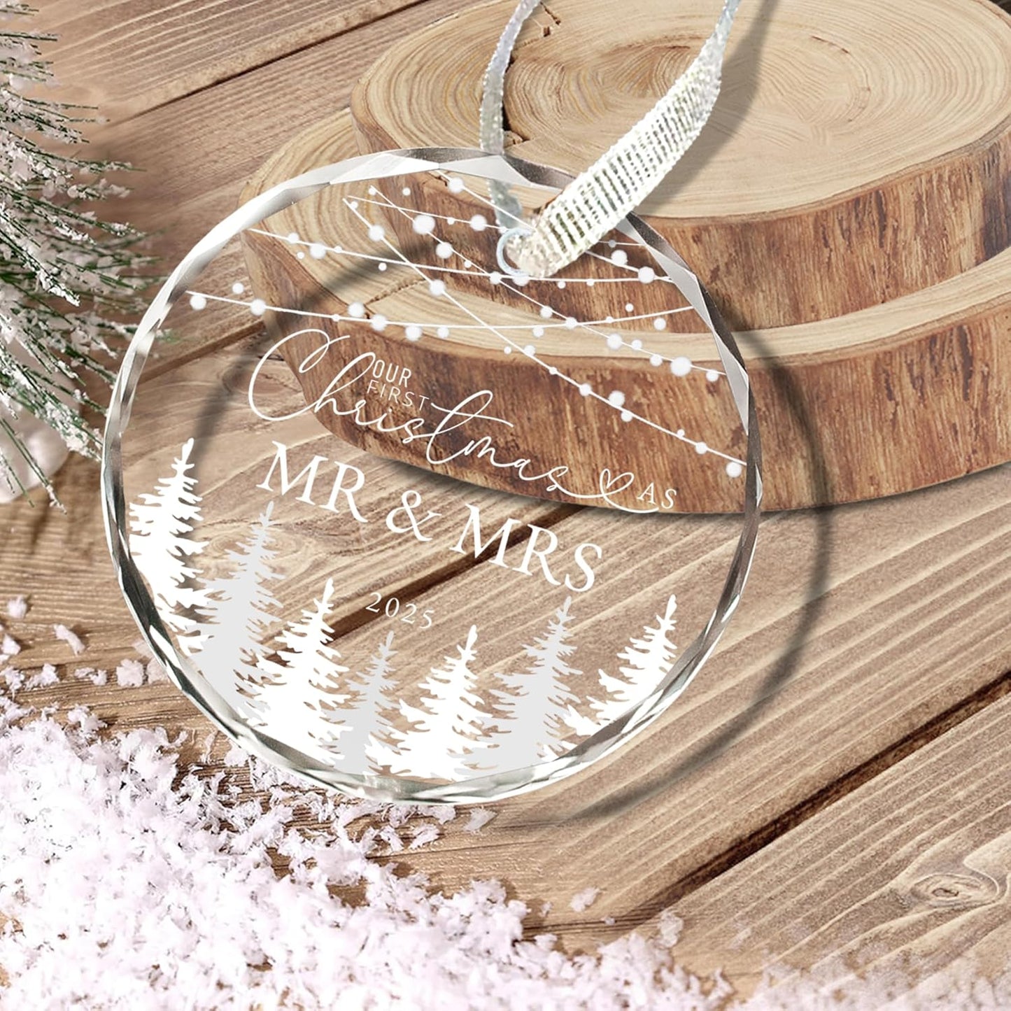 Just Married Gifts First Christmas Married Ornament 2025, Mr and Mrs Gifts for Couples, Glass Keepsake Wedding Christmas Ornament 2025 with Ribbon and Box