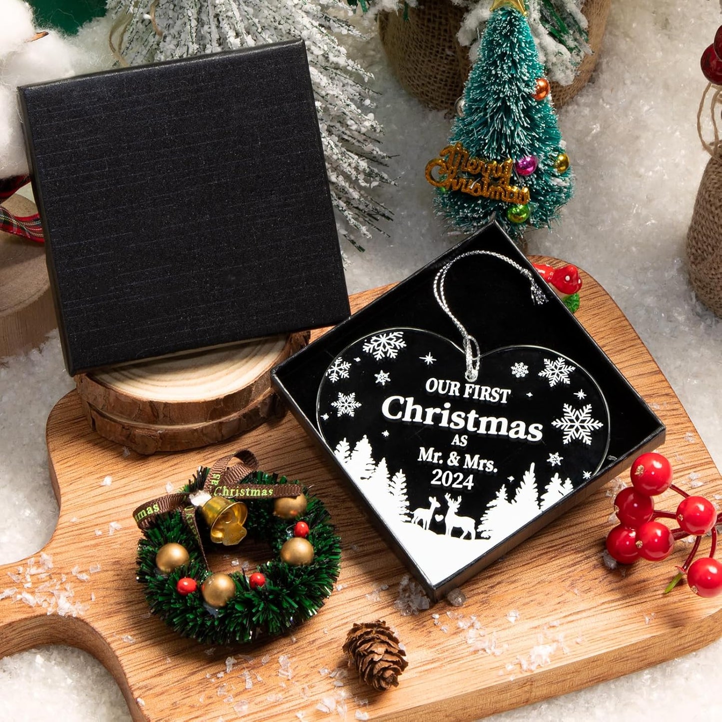 Our First Christmas as Mr and Mrs Ornament 2024 Decoration, Married Ornament 1st Year Wedding Gifts Glass 3.5 Inch with Gift Box, Bridal Shower Gift for Newlywed Couple Christmas Tree Wedding Ornament