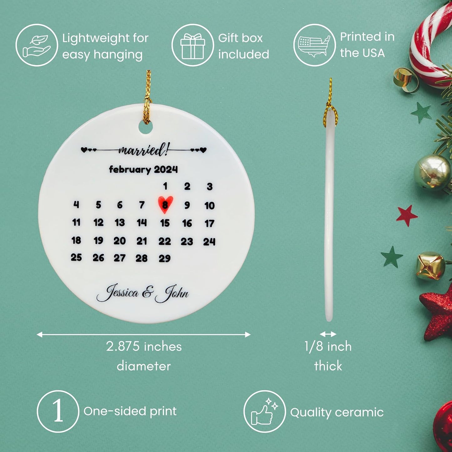 Generic Personalized Wedding & Anniversary Ornament Keepsake for Married Couples, White, ORNCB-RND-calmarried-1