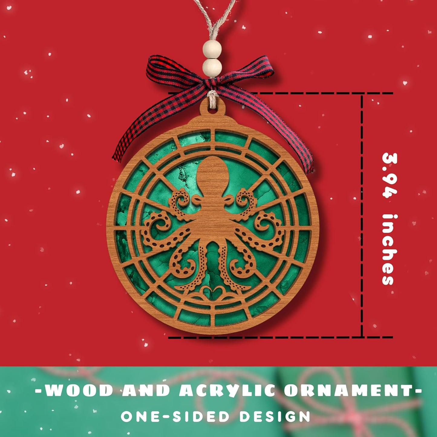 Octopus Ornaments for Christmas Tree - Octopus Gifts for Women - 2 Layer Wood and Acrylic Ornament