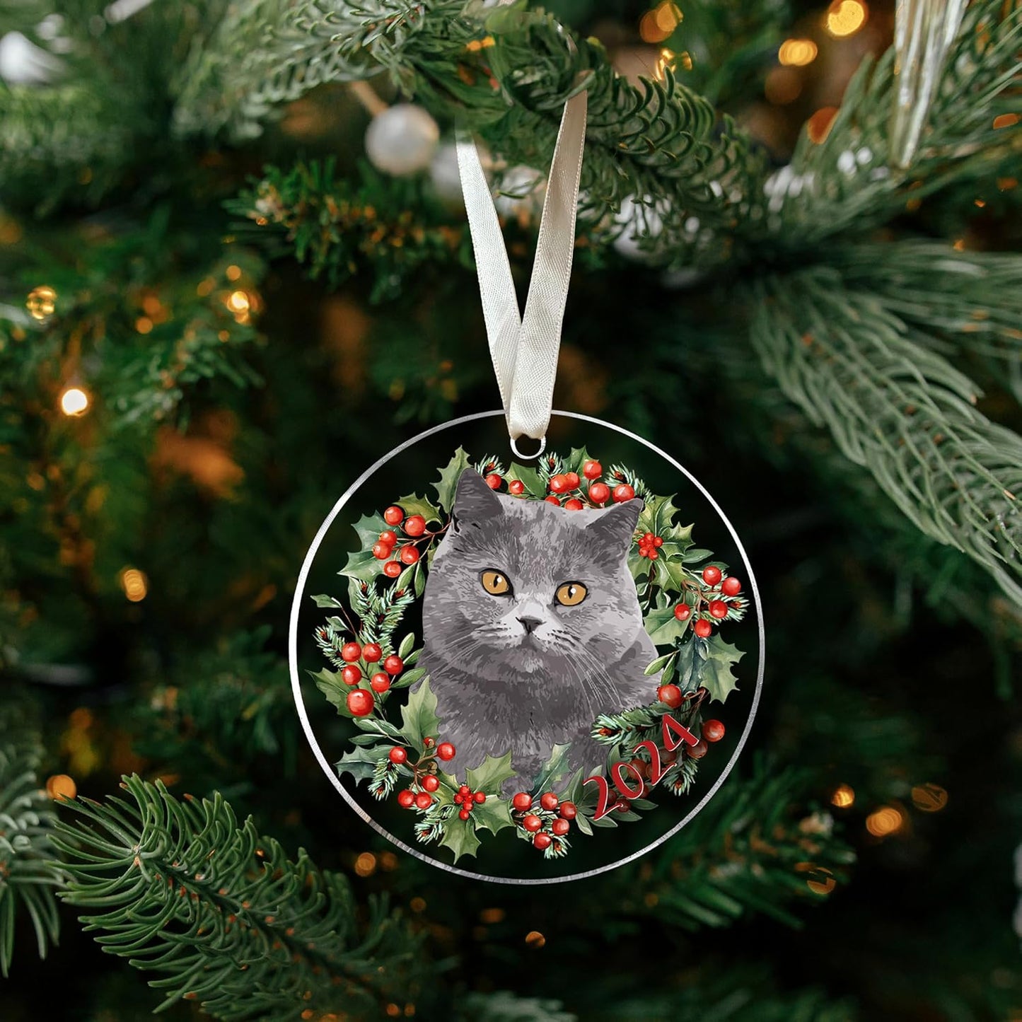 Grey Cat Christmas Ornament - Cat Lover Gifts for Women, Men - Kitten Xmas Tree Ornaments for 2024 - Acrylic Decoration