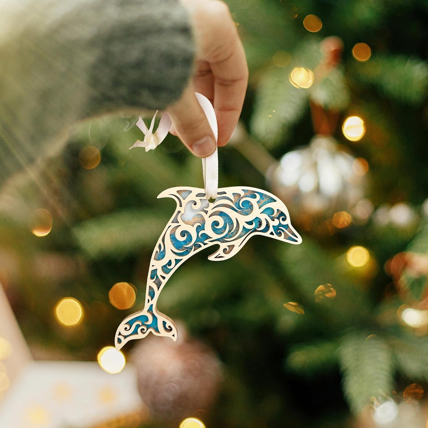 Dolphin Ornaments for Christmas Tree - Dolphin Gifts for Women, Men - Beach Coastal Keepsake - Wood Christmas Hanging Ornament