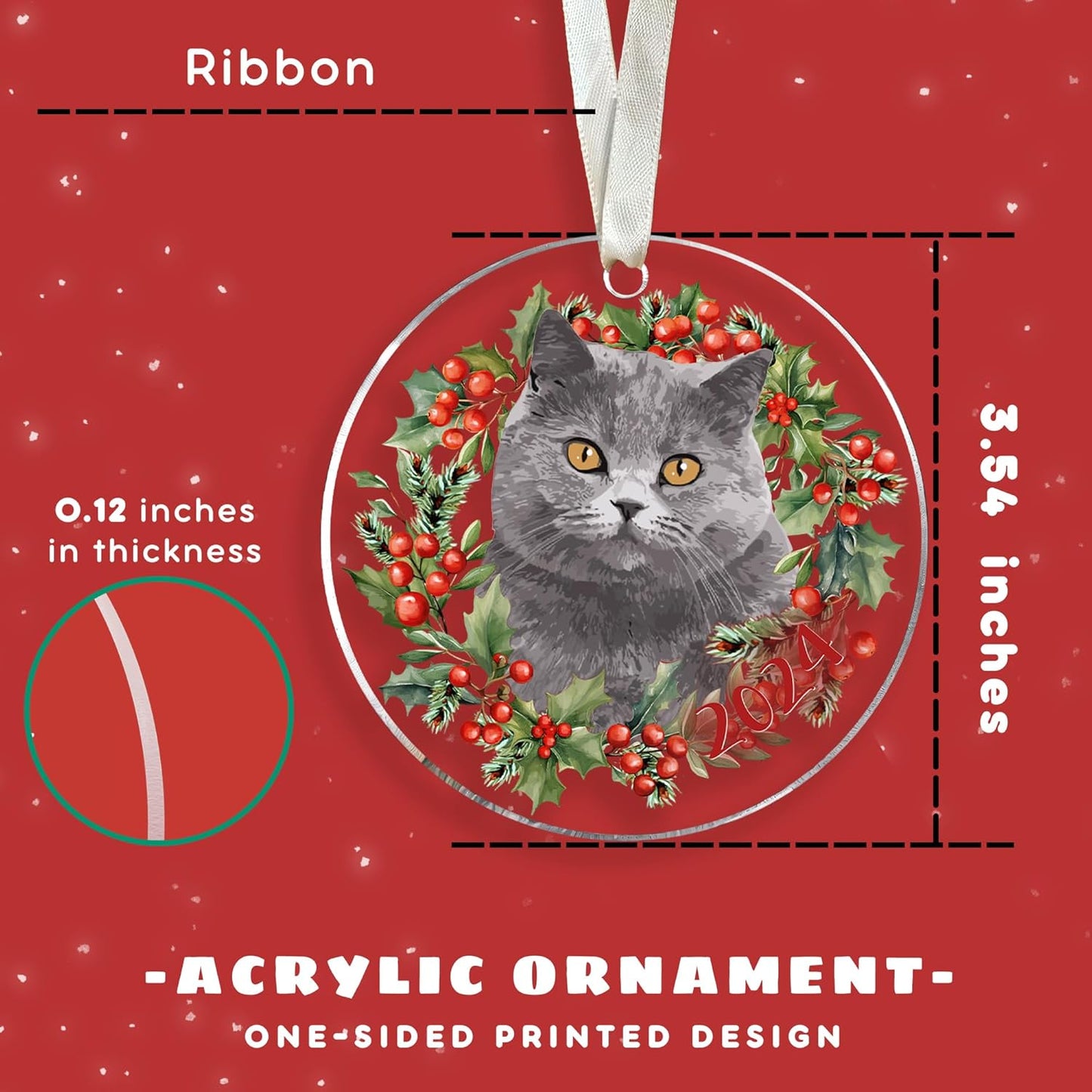Grey Cat Christmas Ornament - Cat Lover Gifts for Women, Men - Kitten Xmas Tree Ornaments for 2024 - Acrylic Decoration
