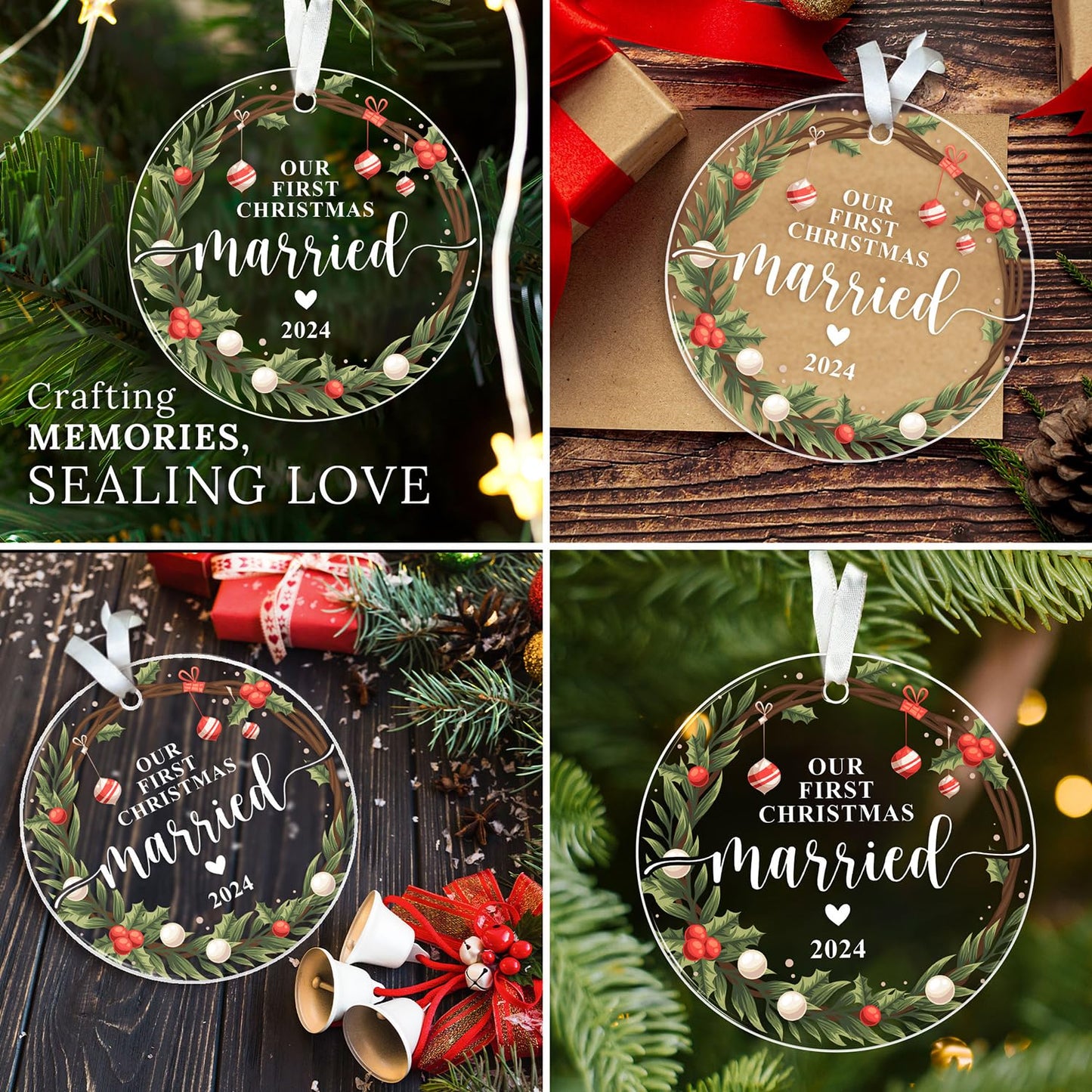 HEXMOZ First Christmas Married Ornament 2024 - Just Married, Mr & Mrs Gifts for Newlyweds - Bridal Shower Wedding Gifts for Bride - Acrylic Wedding Ornament 2024