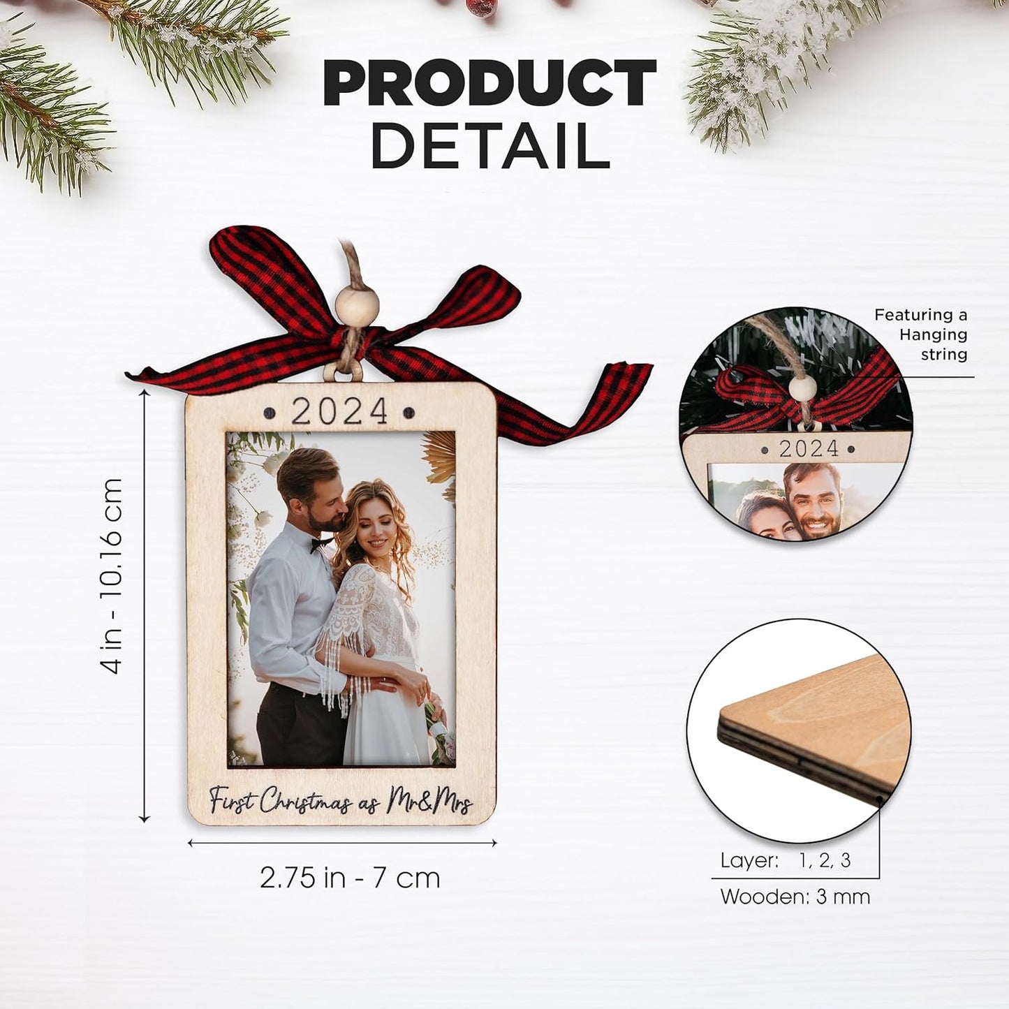 Mr And Mrs Gifts 2024, 2024 Christmas Ornament Picture Frame, First Christmas Married Ornament 2024, Just Married Gift for The Couple, Wedding Ornament 2024, 2x3 Photo Frame Just Married Ornament 2024