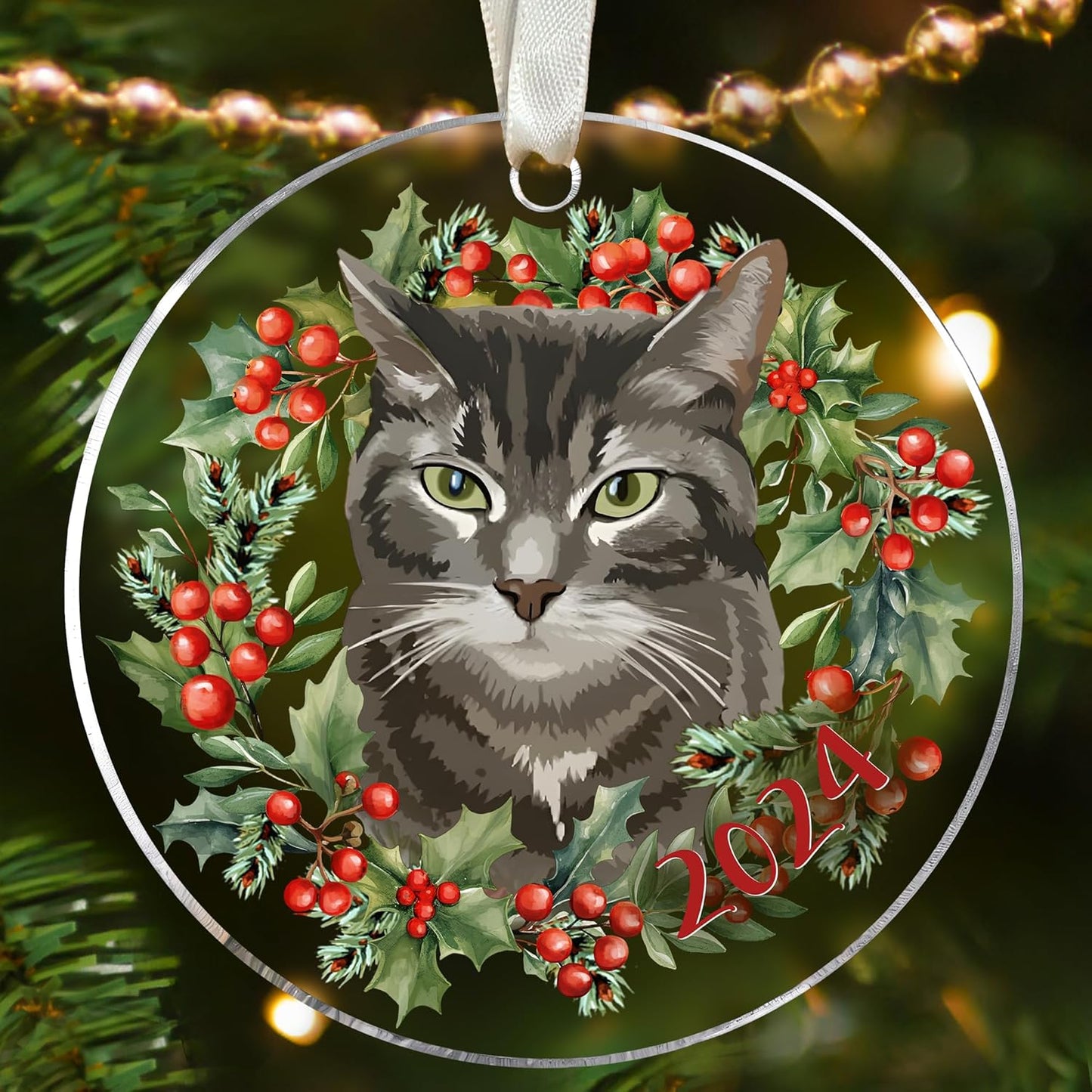 Acrylic Tabby Cat Kitten Xmas Tree Ornament - Cat Lover Gifts for Women, Men - Christmas Tree Ornaments 2024