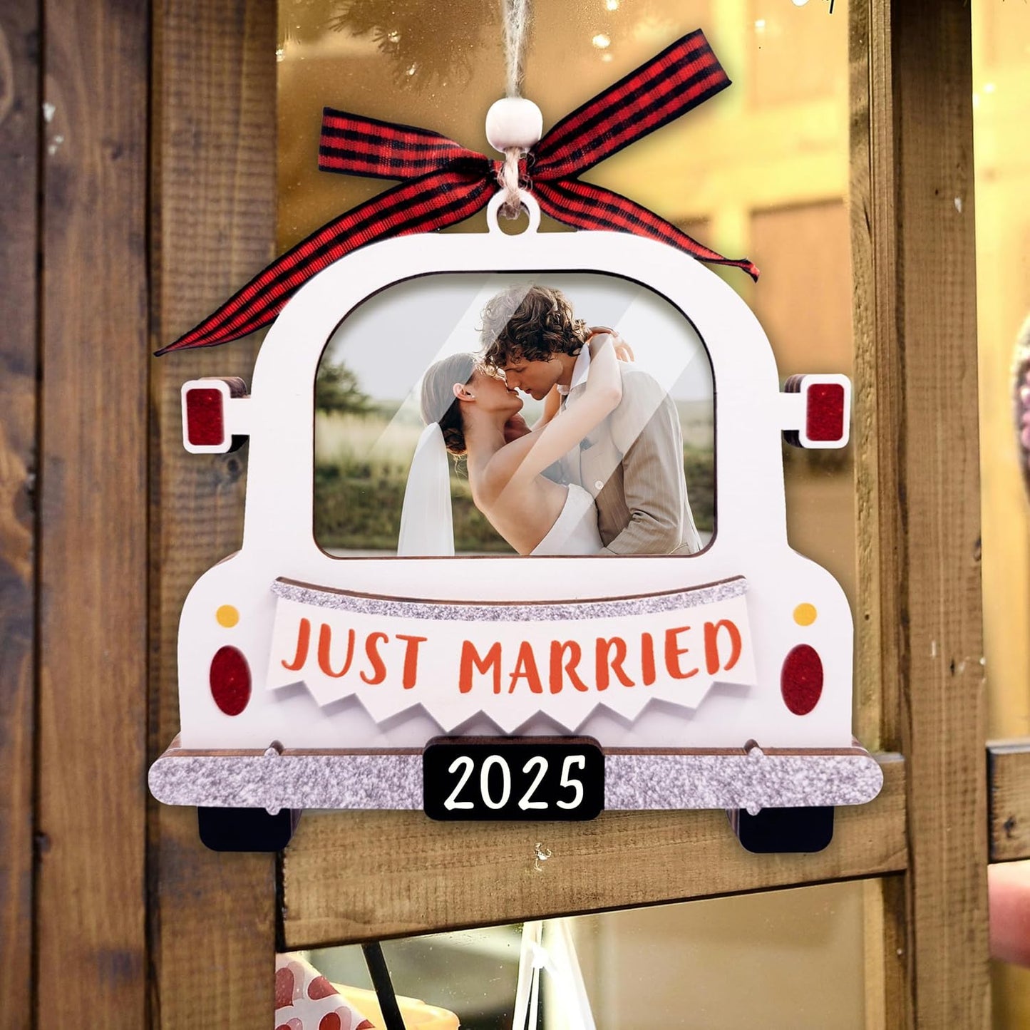 Just Married Ornament 2025 Picture Frame, Large Size With Plastic Cover - Wedding Christmas Ornament 2025 - Mr And Mrs Wedding Gifts For Newlywed Couple - Wedding Shower Gifts, Bridal Shower Gift