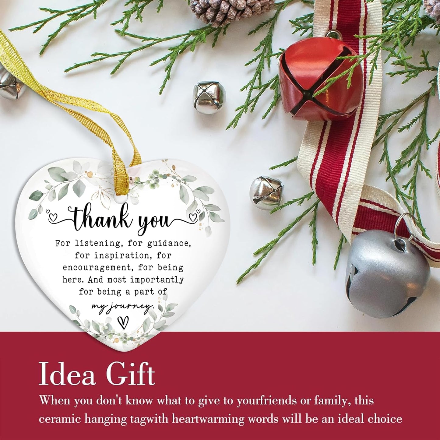 Heart-Shaped Thank You Ceramic Ornament - Appreciation Gift for Women - Thank You Gift for Coworker, Friend, Teacher, Boss, Employee - Car Hanging Decoration Ornament - Wine Bottle Decor