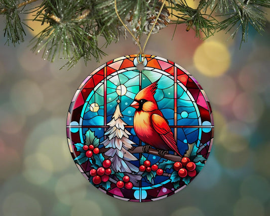 Stained Glass Christmas Bird Ornament Ceramic, Ornament Ceramic, Stained Glass Bird Ornament, Ornament Religious Gift for Christians Printed on Both Sides
