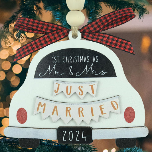 Mr & Mrs Just Married Ornament - First Christmas Married, Bridal Shower Gift, Wooden Bride & Groom Car Ornament - White