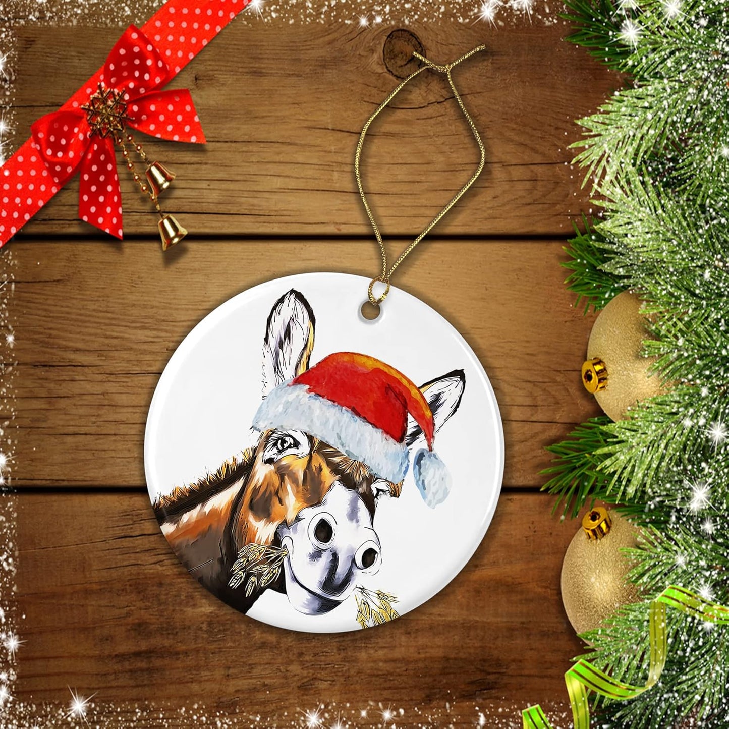 OystersPearl Donkey Ornament - Ceramic Hanging Christmas Decoration - Donkey Santa Ornament - Christmas Tree Ornament - Donkey Tree Ornament Printed on Both Sides
