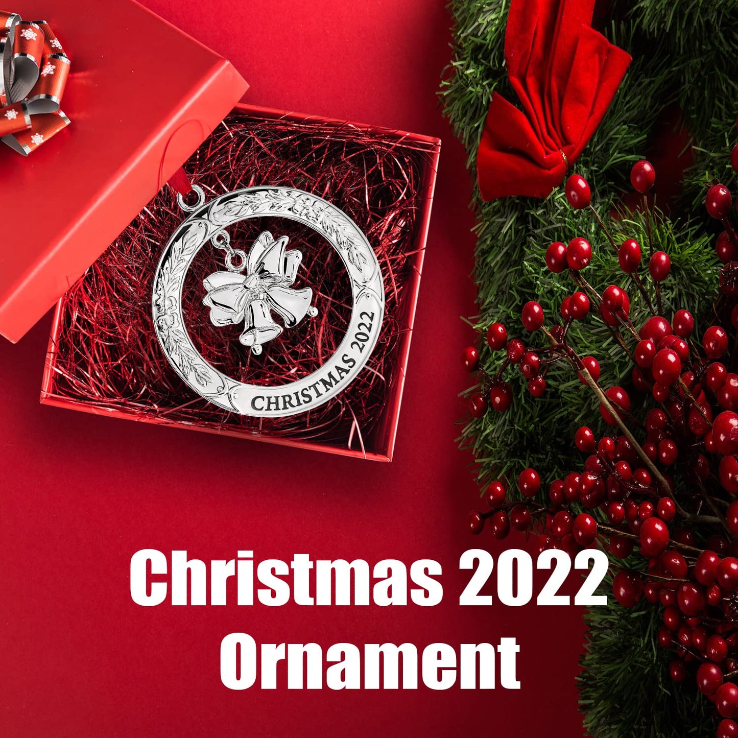Klikel Christmas Ornament 2022 - Shiny Silver Christmas Ornament 2022 Wreath with Bell - Dated 2022 Christmas Ornament - 2022 Ornament for Christmas Tree - Beautiful Bell Ornament for Holidays 2022