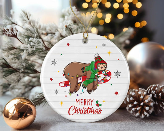 Merry Christmas Sloth Ornament, 2024 Christmas Ornament, Sloth Christmas Light Ornament, Kids Christmas Ornament, Animal Christmas Ornament Printed on Both Sides