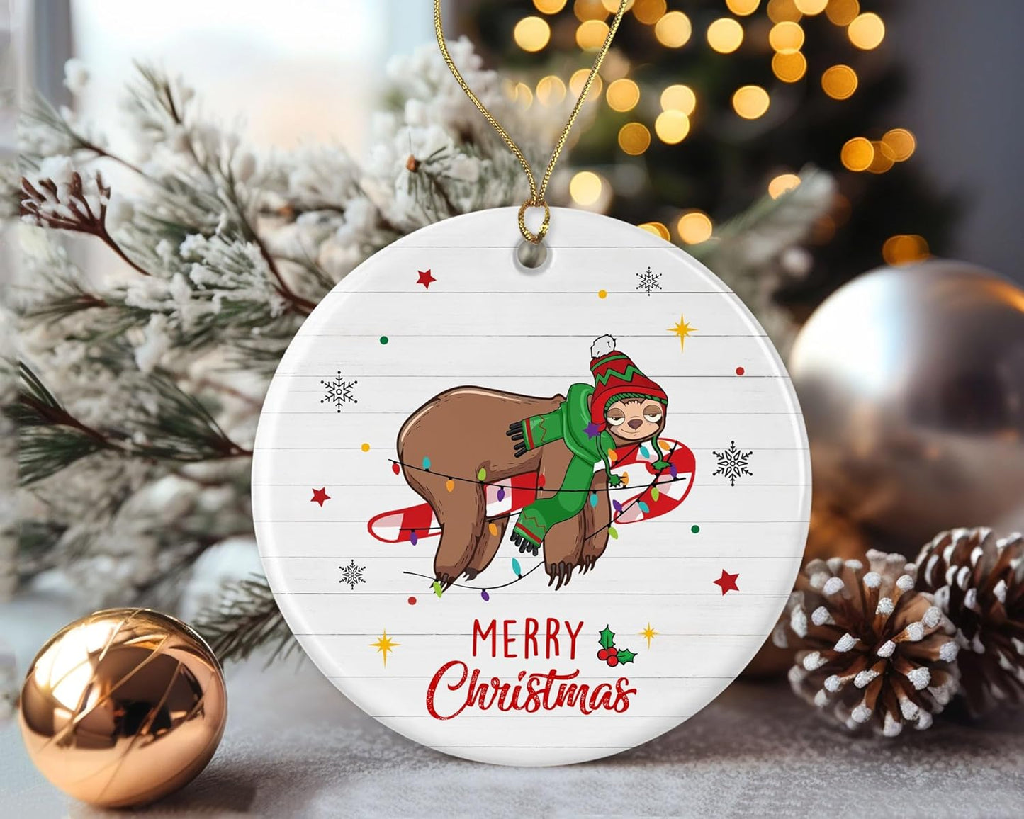 Merry Christmas Sloth Ornament, 2024 Christmas Ornament, Sloth Christmas Light Ornament, Kids Christmas Ornament, Animal Christmas Ornament Printed on Both Sides