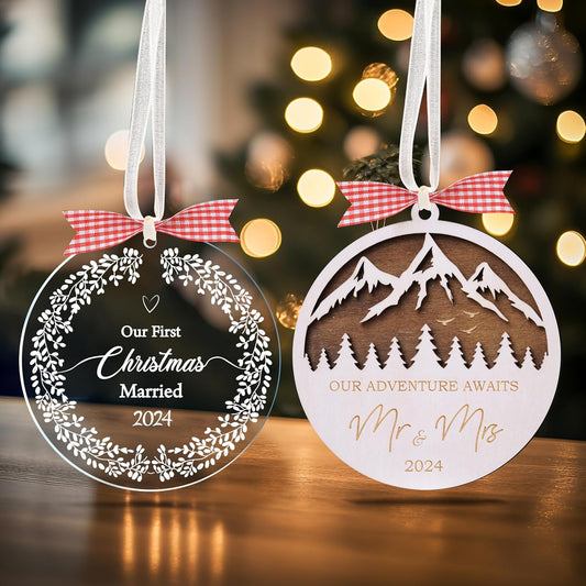 Pack of 2 Our First Christmas Married 2024, Adventure Awaits Mr Mrs Ornament, 1st Just Married Newlywed, Wedding Gifts for Couples Bridal Shower, Christmas Tree Hanging Decorations