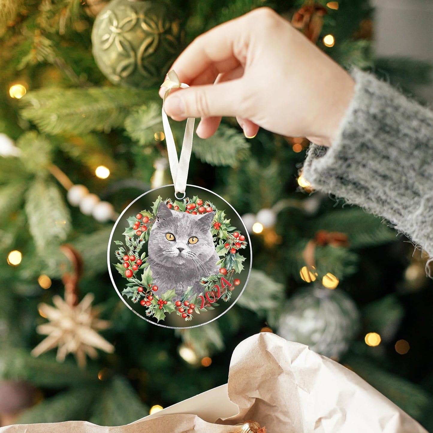 Grey Cat Christmas Ornament - Cat Lover Gifts for Women, Men - Kitten Xmas Tree Ornaments for 2024 - Acrylic Decoration
