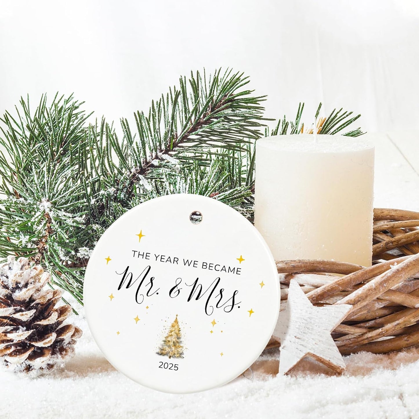 Just Married Gifts First Christmas Married Ornament 2025,1st Christmas Married Ornament 2025, Mr and Mrs Gifts for Newlyweds, 2.9" Ceramic First Year Married Christmas Ornament 2025