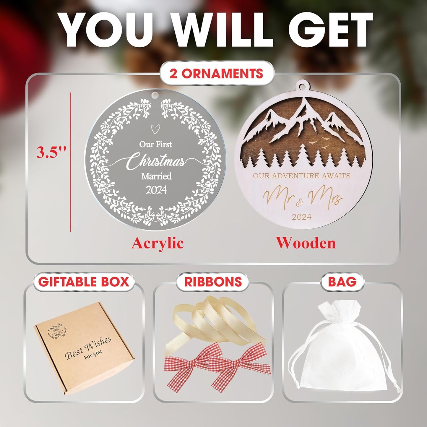 Pack of 2 Our First Christmas Married 2024, Adventure Awaits Mr Mrs Ornament, 1st Just Married Newlywed, Wedding Gifts for Couples Bridal Shower, Christmas Tree Hanging Decorations