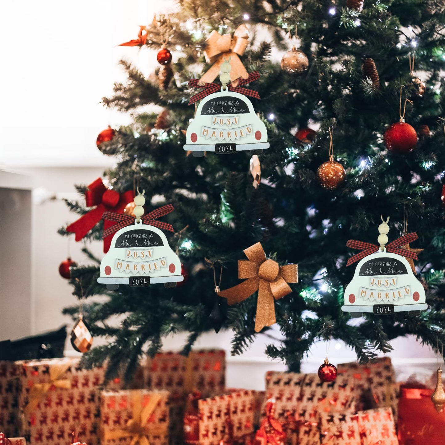 Mr & Mrs Just Married Ornament - First Christmas Married, Bridal Shower Gift, Wooden Bride & Groom Car Ornament - White