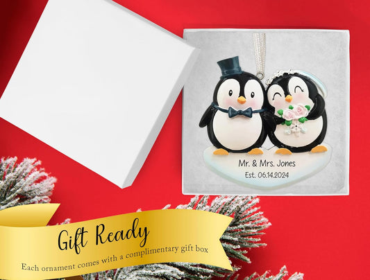 Personalized Our First Christmas Married Ornament 2025 | Customized Penguin Bride & Groom, Wedding Ornament for Xmas Tree | Just Married Newlywed Couple Marriage Keepsake