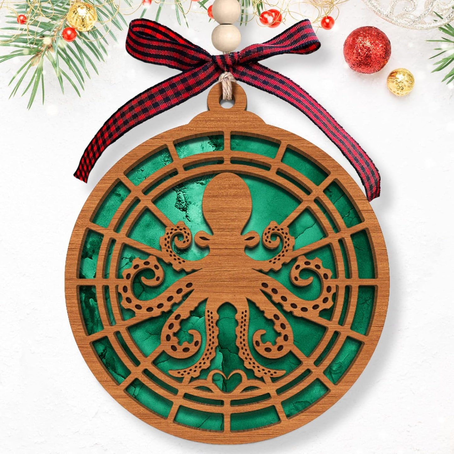 Octopus Ornaments for Christmas Tree - Octopus Gifts for Women - 2 Layer Wood and Acrylic Ornament