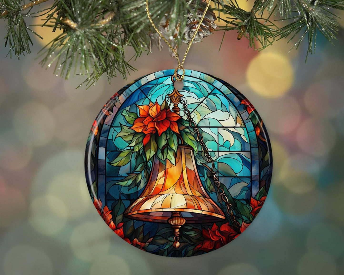 Stained Glass Christmas Bell Ornament Ceramic, Ornament Ceramic, Stained Glass Bell Ornament, Ornament Religious Gift for Christians Printed on One Side