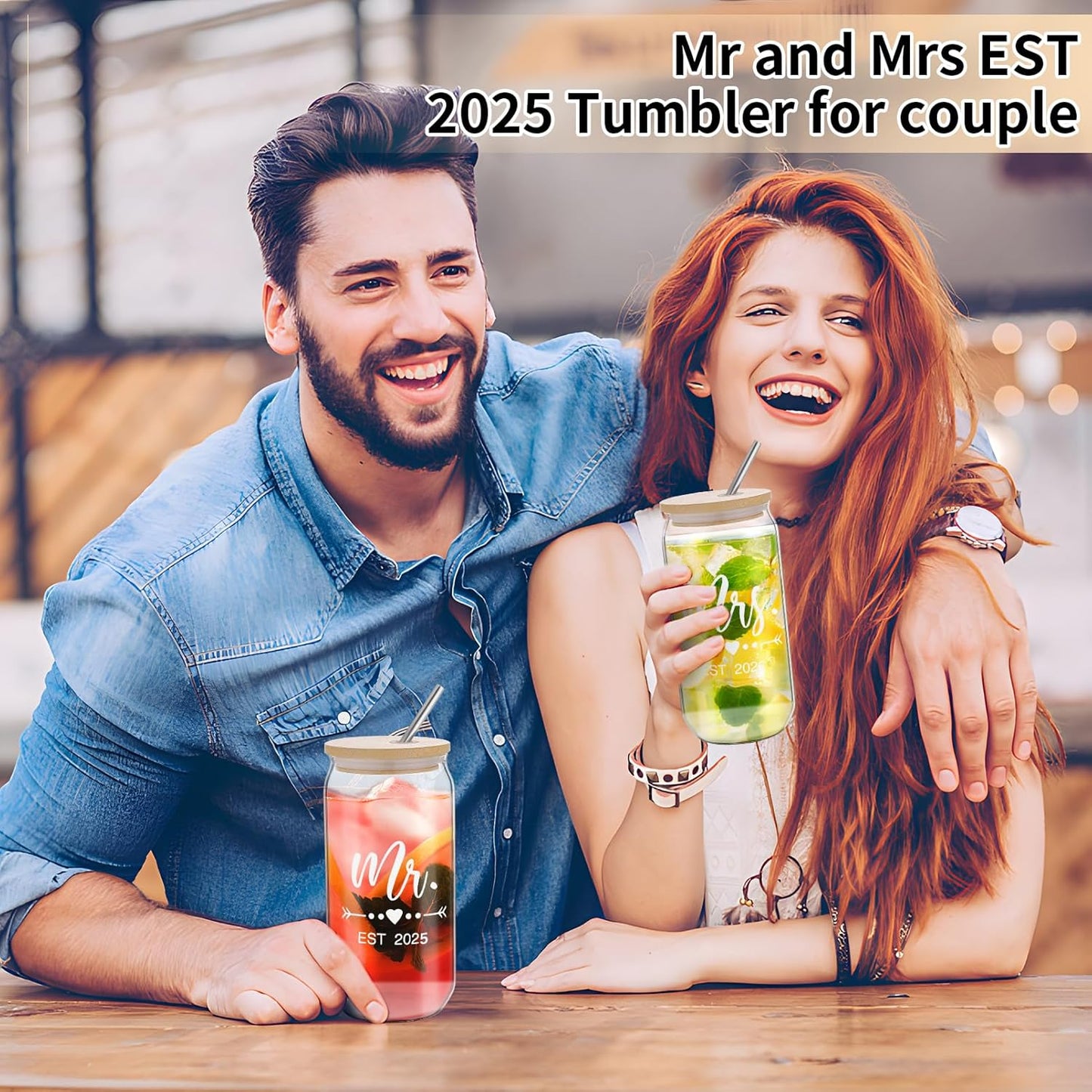Mr & Mrs Coffee Cups 2025 Gift Set, Wedding & Engagement Gifts for Couples - His & Hers Glass Tumbler Set With Straw