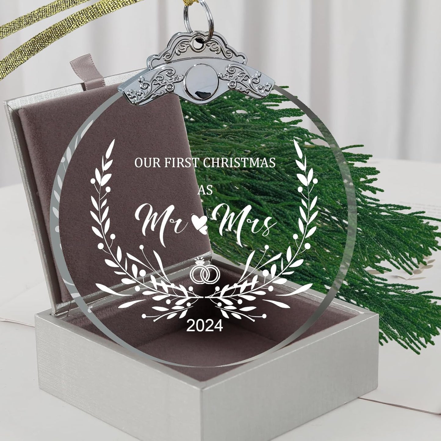 Wedding Gifts for Couples Newly Unique 2024 Crystal Glass 3" with Gift Box, First Christmas Married Ornament 2024 Mr and Mrs Gifts Just Married Ornament, Bridal Shower Gifts for Bride-Mr Mrs 2