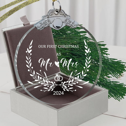 Wedding Gifts for Couples Newly Unique 2024 Crystal Glass 3" with Gift Box, First Christmas Married Ornament 2024 Mr and Mrs Gifts Just Married Ornament, Bridal Shower Gifts for Bride-Mr Mrs 2
