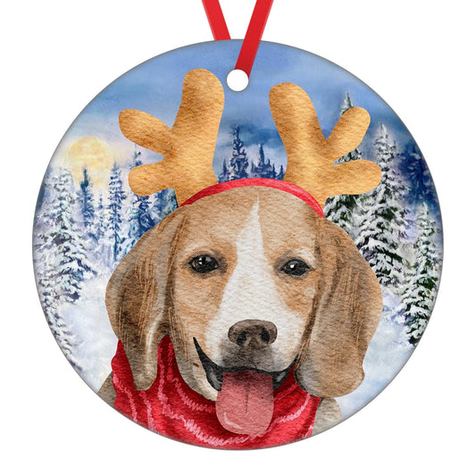 Beagle Christmas Ornament Merry Christmas Ornament Dog Deer Hat Christmas Ornament Happy New Years Ceramic Hanging Ornament for Christmas Trees Decoration First Christmas Ornament New Baby Gift