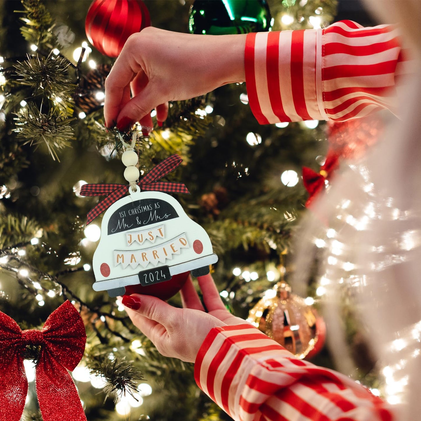 Mr & Mrs Just Married Ornament - First Christmas Married, Bridal Shower Gift, Wooden Bride & Groom Car Ornament - White