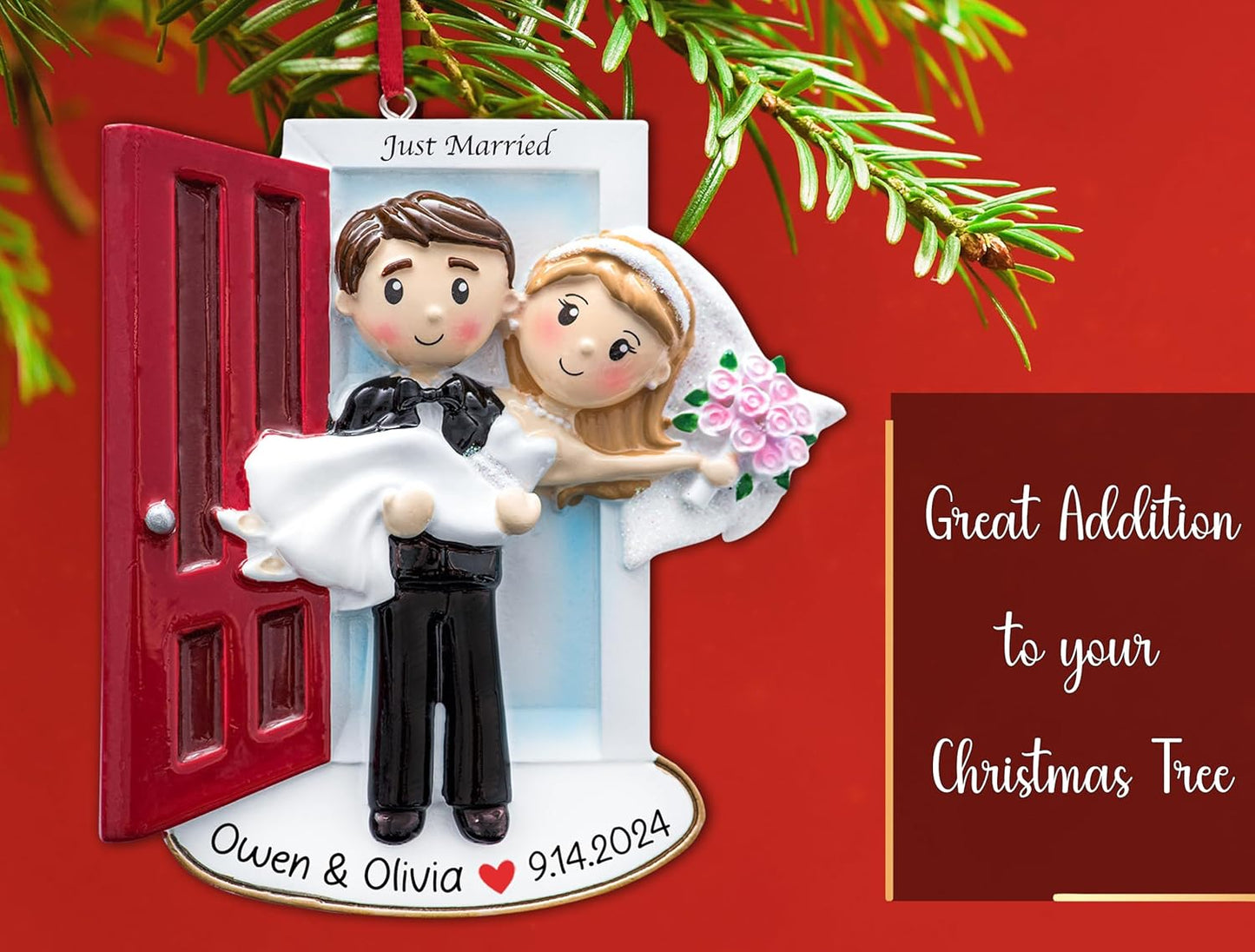 Personalized Our First Christmas Married Ornament 2025 | Customized Wedding Couple Threshold, Groom Carrying Bride for Xmas Tree | Just Married Newlyweds Marriage Keepsake | Custom Name Year