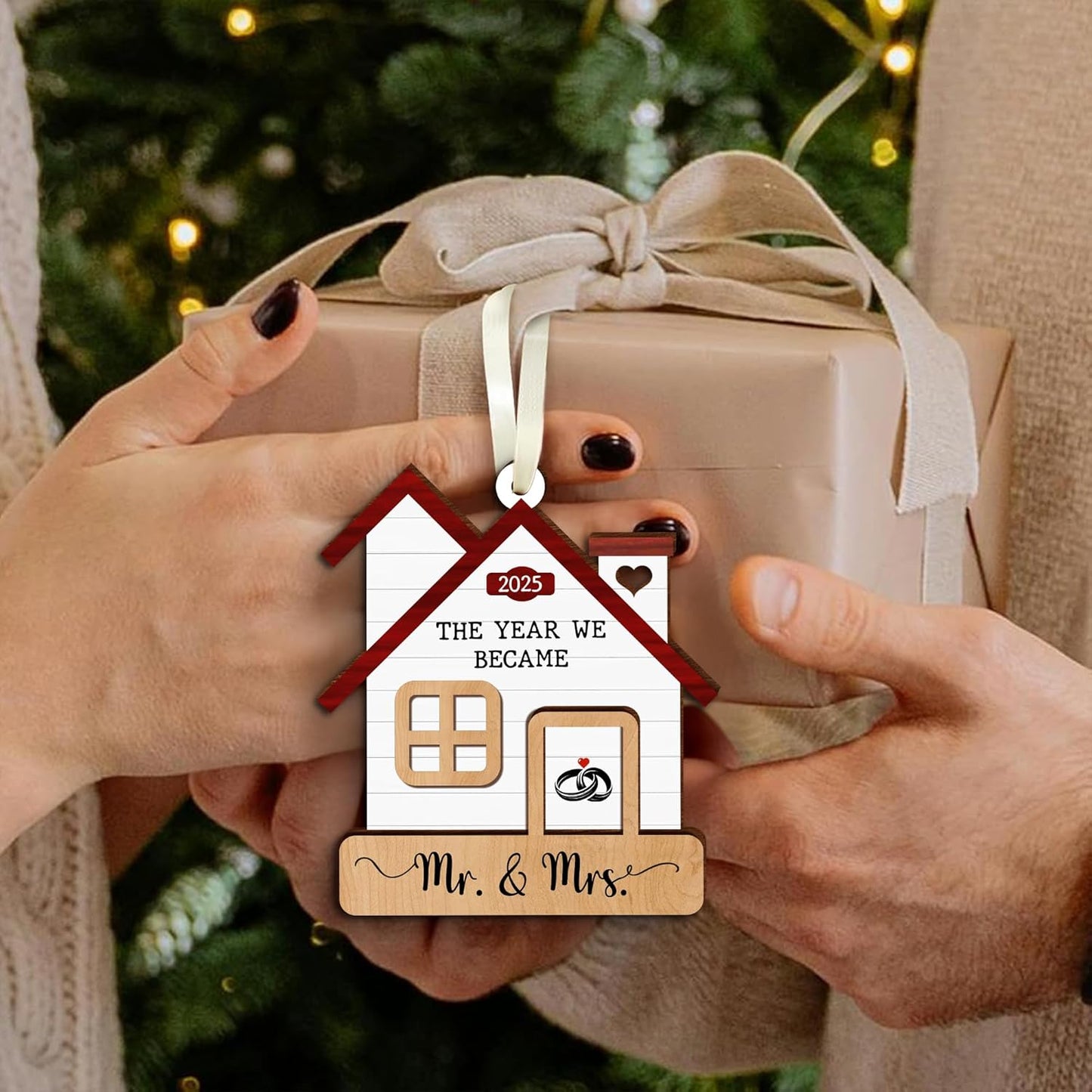 Wedding Ornament 2025 - The Year We Became Mr Mrs - Newlywed, Just Married Gift for Couple - First Christmas Wedding Gift for Newlyweds, Bride, Groom - Bridal Shower Wooden Xmas Decoration