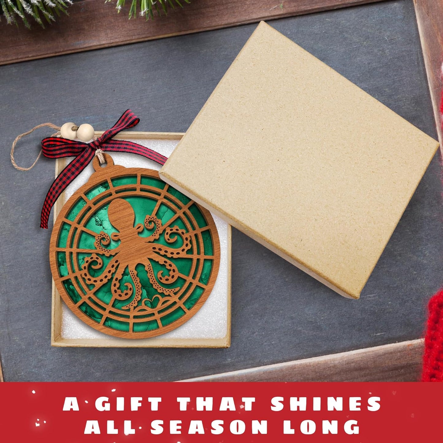 Octopus Ornaments for Christmas Tree - Octopus Gifts for Women - 2 Layer Wood and Acrylic Ornament