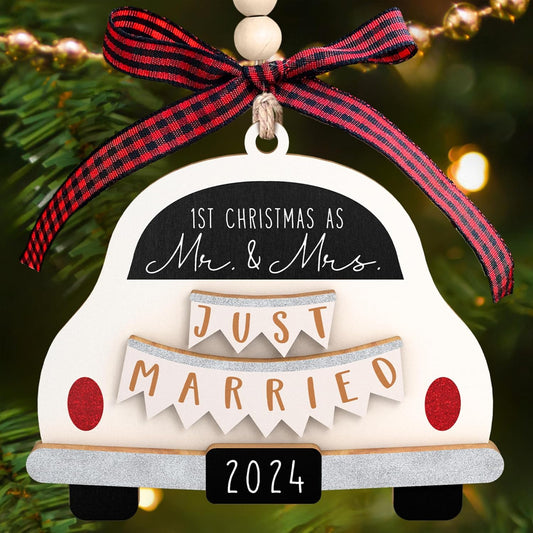 Wedding Gifts - Mr and Mrs Gifts for Couples 2024, Bride - First Christmas Married Ornament 2024-1st Married Bridal Shower Gift - Wood Ornament