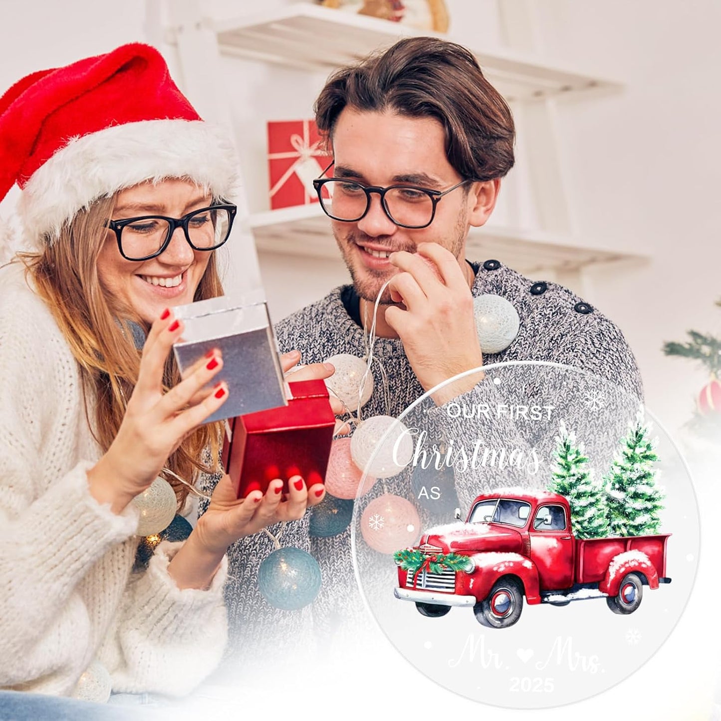 First Christmas Married Ornament 2025，Mr and Mrs Ornament 2025, Acrylic Hanging Decor for Couple Wedding Gifts Bridal Bridal Shower Gifts Just Married Ornaments 1st Xmas Newlyweds Presents