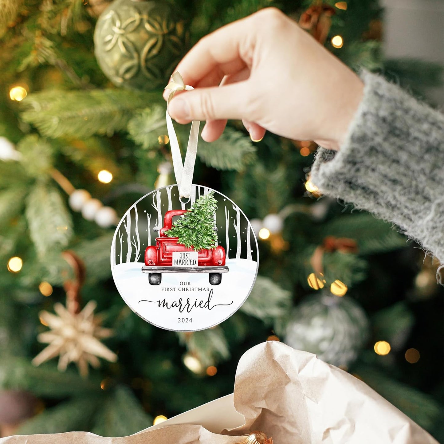 Our First Christmas Ornament - Married 2024 - Mr & Mrs Gift - Acrylic Ornament for Couple's Wedding, Bride's Bridal Shower