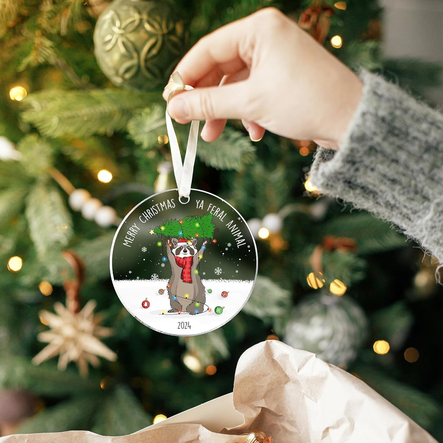 Raccoon Christmas Ornament 2024 - Raccoon Christmas Ornaments, Animal Ornaments for Tree - Animal Gifts for Family, Friends, Coworker - Acrylic Ornament 2024