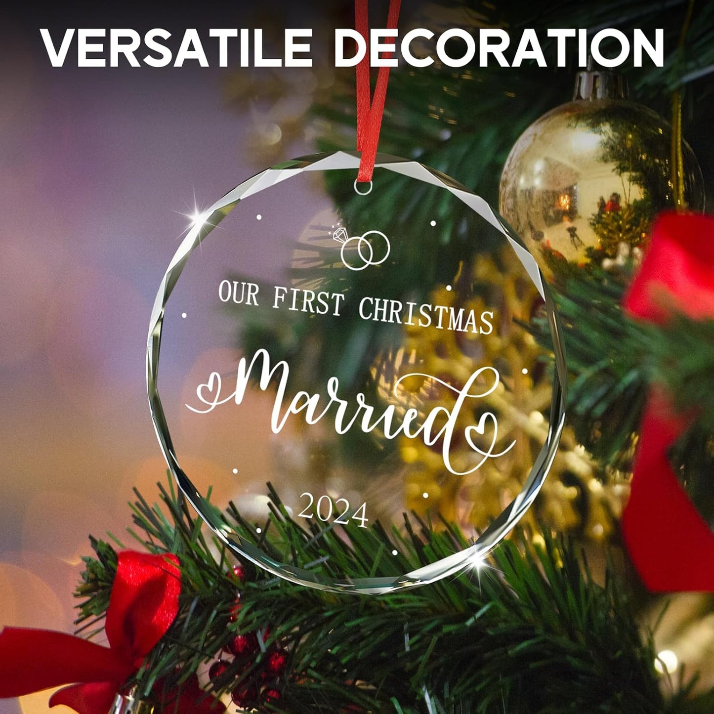 First Christmas Married Ornament 2024, Unique Christmas Ornament for Christmas Tree Decorations 2024, Bridal Shower Gifts for Bride, Crystal Wedding Gifts for Couples Xmas(Married)